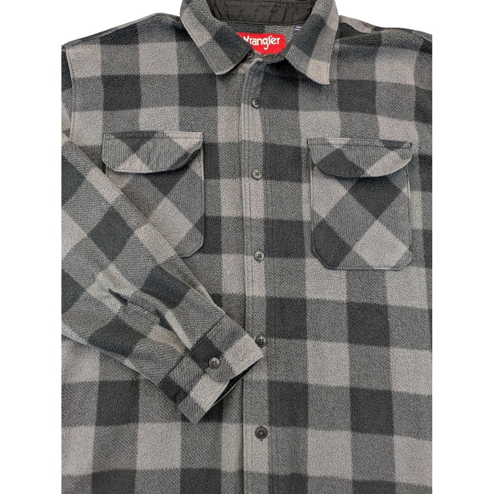 Wrangler Shirt Mens XL Gray Plaid Fleece Long Sleeve Button Up Casual Winter